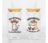 Set 2Pcs Hold On Partned I'm Overstimulated UV DTF Cup Wraps for 16 oz Glass Undiagnosed But Something Ain't Right, Cold Transfer Decal for Glass Cups Raccoon Cowboy Vinyl Waterproof Rub on Transfer