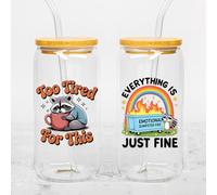 Set 2Pcs Too Tired for This UV DTF Cup Wraps for 16 oz Glass, Funny Everything is Just Fine, Cold Transfer Decal for Glass Cups, Raccoon Dumpster Fire Meme Vinyl Waterproof Rub on Transfer