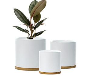 Set 3 Ceramic Plant Pots with Bamboo Coasters Indoor Planters White Pot Set Ceramic Flower Pots Containers Outdoor Large, Medium, Small with saucers (White)