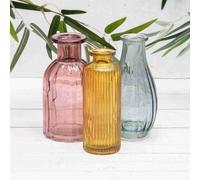Set 3 Vases Grey Pink Amber Glass Vintage Bottle Small Posy Bud Vases