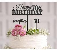 (Set 3) Wooden Happy 70Th Birthday Cake Topper - Birthday Black Cake Topper - 25Th 30Th 40Th Bday - Hello 70 Decorations - Seventies Party Decor - 70 Years Fabulous