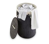 Set 3x Laundry Basket Lid Box Round Bin 70L Black Bamboo Chest Hamper Cotton Bag