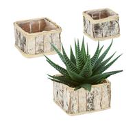 Set 3x Square Pots Indoor Balcony Foil Rattan Plant Birch Bark Wood Replanting