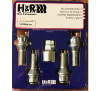 Set: 4X H&R Wheel Locks Cone Seat M14X1.50X28 B1452801KEY4 Cone 60° Silver