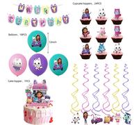 (Set 64pcs) Dollhouse Kids Gabbys Birthday Party Supplies Decor Balloons Flag Topper Cake