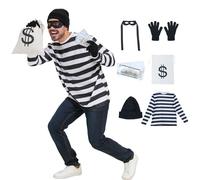Set Black and White Striped T-Shirt Thief Accessories for Halloween Cosplay Costume, Black, S