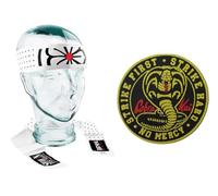 SET COMBO JAPAN RED PATCH RARE UNIQUE Design Okinawan Flower Hachimaki Japanese Headband -& 3.5inch Cobra Kais Cloth Badge Karate Kids Mr Miyagi Daniel Movie Headband Men Women Children Novelty