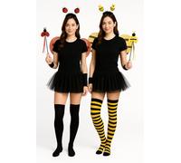 Set for 2 Women - Ladybird 3-Piece with Black Tutu Skirt & Black Over-the-Knee Socks and Bumblebee 3-Piece Set with Tutu Skirt & Black Yellow Striped Over-the-Knee Socks - Halloween & Party