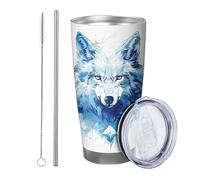 Set of 1 Watercolor Wolf Tumbler Cute Art Patterns Painting Geometric Animals Blue White Powder Coating Hot Cold Spill Free Travel Pool Outdoor Yard Picnic Coffee