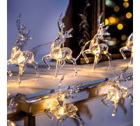 Set Of 10 Acrylic Reindeer String Lights - Battery Powered Stag Design Festive Christmas Xmas Home Fairy Lighting - L1.5M