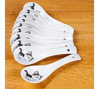 Set of 10 Asian Cat Pattern Soup Spoons, 5.4 inch Ceramic Porcelain Spoons for Cereal, Ramen, Appetizers, Desserts, Wonton, Dumpling, Deep Scoop, Dishwasher Safe