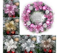 Set of 10 Christmas Tree Hanging Poinsettia Glitter Flowers for Party and Home Decoration, PE Material, 11cm Diameter (Pink)