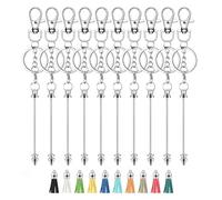 Set of 10 Fashionable Silver Keychain Rods with Colorful Leather Dangle Blanks with Leather Tassels Silver Lobster Clasp