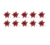 Set of 10 Glitter Artificial Christmas Flowers 15cm Plastic Poinsettia Ornaments for Tree Wreath and Holiday Home Decor in Pink Red Gold Silver Light Yellow(red)