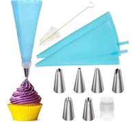 Set of 10 Pcs Piping Icing Bags and Nozzles with 6 Premium Stainless Steel Piping Nozzles, 2 Silicone Bags, 1 Converters, and 1 Cleaning Brush for DIY Decorating Cakes & Cupcakes