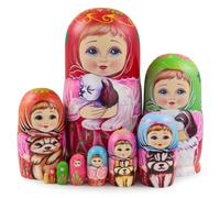 Set of 10 Red Girl with Dog Wood Russian Nesting Dolls Set,Multicolor Rose Flower Wooden Russian Doll Babushka Matryoshka Stacking Doll Ornament for Birthday Gift Christmas Party Home Decoration