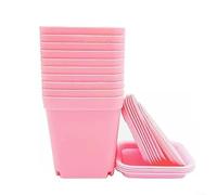 Set of 10 Square Plastic Plant Pots with Drain Holes and Drip Trays, Lightweight and for Growing and Indoor Plants (pink)