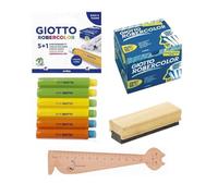 Set of 100 White Chalks + 6 Giotto Chalk Holders + 1 Wooden Blackboard Brush + 1 Wooden Page Marker Cat Shape (White x 100)