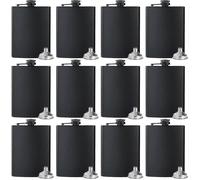 Set of 12 8 oz Black Stainless Steel Hip Flasks with 12 Funnels