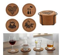 Set of 12 Absorbent Cork Coasters with Metal Stand | 4 Designs Durable Non-Slip Coasters for Drinks | Thick Wooden Cork Mats Round for Coffee Table | Housewarming Gifts & Home Décor Essentials