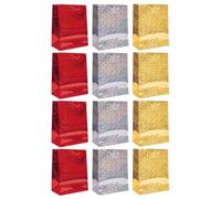 Set of 12 Assorted Red, Silver & Gold Holographic Wine Bottle Gift Bags With Durable Rope Handles - Perfect for Christmas, Weddings & Birthdays
