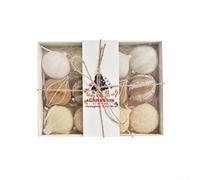 Set of 12 Christmas Ball Ornaments for Tree and Holiday Party Decoration with Rustic and Elegant Design Elements (Yellow brown white)