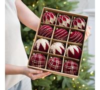 Set of 12 Christmas Baubles Made of Red Velvet and Foam, 8 cm Diameter, Shiny with Glitter Stripes, Diamond Pattern, Beads and Grid Design, Shatterproof and Lightweight for Christmas Tree (8 cm, Red