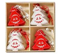 Set Of 12 Classic Red And White Wooden Christmas Tree Ornaments With Hanging Strings, Natural Wood Decorations For Holiday Home And Craft Use(Christmas Trees)