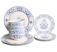 Beliani Set Of 12 Dinnerware Galangal Porcelain White/ Blue