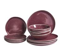 Beliani Dinnerware Burgundy Stoneware Round Set of Kaolin (Pack of 12) | Ceramic, Red, Reactive Glaze, Does Not Require Assembly