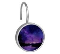 Set of 12 Dreamy Starry Sky Night Purple Blue Shower Curtain Hooks Rings, Double Glide Shower Hooks for Bathroom Shower Rods Curtains