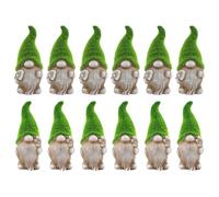 Set of 12 Flock Grass Garden Gonk Gnomes - 7"/18cm Ceramic Outdoor Ornaments with Green Flocked Hats & Spades - Cute Stone Effect Decorative Statues for Garden, Patio, Balcony, or Home Décor