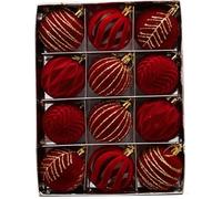 Set of 12 Flocked Baubles, Vintage Red and Gold Velvet Baubles, Burgundy Flocked Christmas Tree Decoration, Large Shatterproof Hanging Baubles for Christmas Wreaths