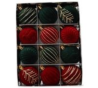 Set of 12 Flocked Baubles, Vintage Red and Gold Velvet Baubles, Burgundy Flocked Christmas Tree Decoration, Large Shatterproof Hanging Baubles for Christmas Wreaths
