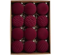 Set of 12 Flocked Baubles, Vintage Red and Gold Velvet Baubles Flocked Christmas Tree Decoration, Large Shatterproof Hanging Baubles for Christmas Wreaths