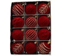 Set of 12 Flocked Baubles, Vintage Red and Gold Velvet, Burgundy Christmas Tree Decoration, Large Shatterproof Hanging Ornaments for Christmas Wreaths