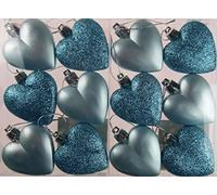 Set Of 12 Glitter Love Hearts Christmas Tree Baubles Decorations - Ice Blue