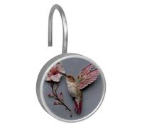 Set of 12 Hummingbird and Flower Decorative Shower Curtain Hooks Rings, Double Glide Shower Hooks for Bathroom Shower Rods Curtains