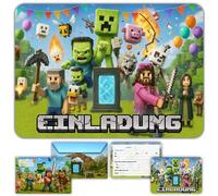Set of 12 Invitation Cards Children's Birthday Boy for Minecraft Video Game with Matching Envelopes - for Children, Boys and Teenagers - Pre-Filled Cards in German for Birthday Party and Celebration