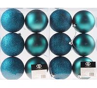 Set Of 12 King Fisher Teal Blue Christmas Tree Baubles Decorations - Glitter And Matt Texture