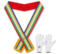 Set of 12 OES Sashes - Masonic Order of the Eastern Star Regalia - Red Satin Lined Sash with Yellow Fringe & Embroidered Five-Color Star - Bulk Ceremonial Sashes