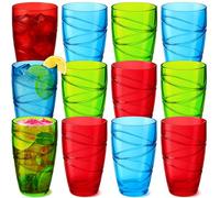 Set of 12 Plastic Tumblers - 500ml Coloured Plastic Drinking Glasses with Swirl Design, Reusable, Unbreakable, Stackable Garden Glasses, Acrylic Tumblers for Adults, Kids, Picnic, Camping, Party