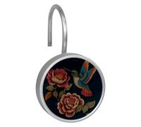 Set of 12 Shower Curtain Hooks Rust Proof Shower Hooks for Bathroom Home Decor, Hummingbird and Flower Decorative (2)