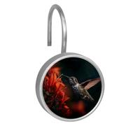 Set of 12 Shower Curtain Hooks, Shower Curtain Rings Crystal Glass Decorative Bathroom Hook, Hummingbird Flower (1)