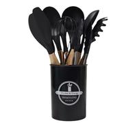 Set of 12 Silicone Kitchen Utensils with Wooden Handle - Complete Kitchen Gadgets Kit, Sturdy and Durable (Black)