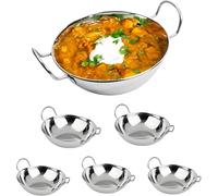 Set of 12 Stainless Steel Balti Dish 16cm Curry Karahi Serving Bowls with Handle Deep Round Dishes for Kitchen, Food, Restaurant, Catering & Table Serving (12, 16cm)