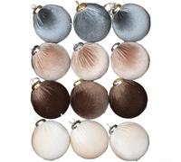 Set of 12 Velvet Plush Christmas Baubles 6cm Diameter, Thickened Material with Elegant Gold Thread Detail, Multicolour Grey Camel Brown Cream Ornaments for Tree and Home Holiday Décor(A)