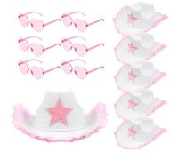 Set of 12 White Cowboy Hats for Women with Pink Star and Heart Glasses - Fluffy Felt Cowgirl Hats with Wide Brim - Party Hat for Western Theme Party, Birthday, Hen Night