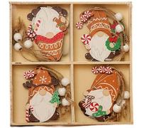 Set of 12 Wooden Faceless Old Man Christmas Ornaments Featuring Intricate Engraved Cut Tree Designs (H)
