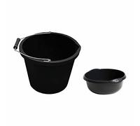 Set of - 14L Plastic Bucket with 5L Round Bowl | 3 Gallon Bucket with 28cm Plastic Bowl - Plaster Builder Bucket Tub Trug Horse Feeder with Washing Up Bowl Integral Handles Home- (BLACK)